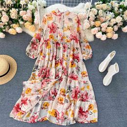 Neploe Floral Printed Dress Women Loose Stand Collar Puff Sleeve Ladies Vestidos Summer Elegant Chiffon Dresses 1B850 210423