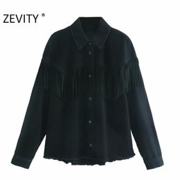 Autumn Women Vintage Casual Tassel Denim Shirt Coat Female Long Sleeve Breasted Outwear Jacket Chic Brand Tops CT597 210420