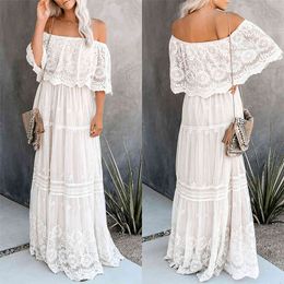 Elegant Bikini Cover-ups Sexy Slash Neck Summer Beach Dress Long White Lace Tunic Women Wear Swim Suit Cover Up A505 210420