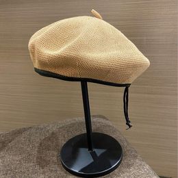 nice Khaki woven female autumn summer berets hats caps Fashion Season thin breathable leather edge British retro pumpkin bud painter hat