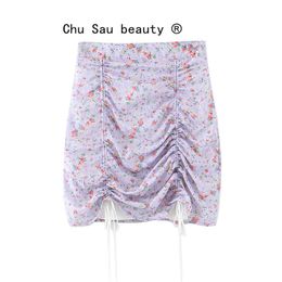 beauty Fashion Female Summer Sexy Package Hip Purple Floral Drawstring Skirt Woman Holiday Casual Beach 210514