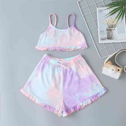 Summer Children Sets Casual Cute Strap Tie-dyed Tops Elastic Band Shorts Girls Clothes 3M-24M 210629