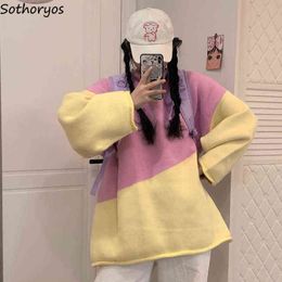 Pullovers Women Panelled Design Crimping Streetwear Soft Knitted Sweaters Thicker O-neck Preppy Style Fashion Outwear Chic Femme Y1110