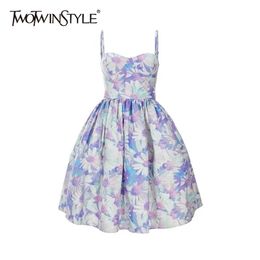Casual Print Floral Sling Dress For Women Square Collar Sleeveless High Waist Mini Dresses Female Summer Style 210520