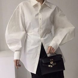 Spring Women Blouse Turn-down Collar Single Breasted Long-sleeved Puff Sleeve Minimalist Solid Colour Shirt 8Q1025 210510