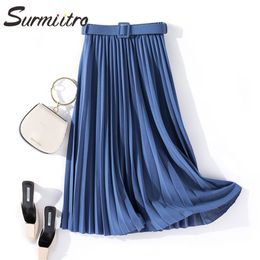 Elegant Long Pleated Skirt Women With Belt Spring Autumn Korean Ladies Blue Pink Black High Waist Female 210421