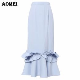 Women Skirt Slim Elegant Ruffles Office Ladies Work Midi Jupes Female faldas Sweet Girl Blue Plus Size 4XL Saias Sheath Clothing 210416