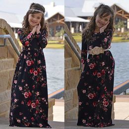 2019 Spring Autumn Girls Dress Bohemian Long Sleeve Flower Print Maxi Dress Floral Child Girls Autumn Beach Dress robe enfant Q0716