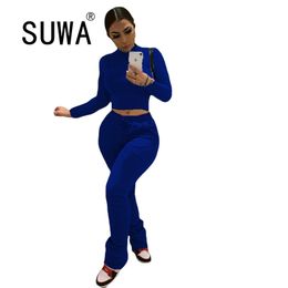 Solid Colour Pullover Sweat Retro Top Stacked Legging Flare Pants Joggers Women Tracksuit 2 Pieces Outfits Streetwear 210525