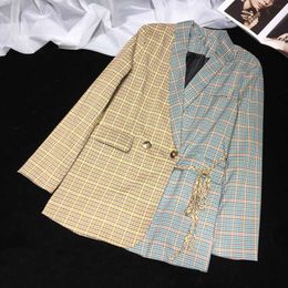 Spring Women Matching Lattice Side Lace Suit Jacket Vintage Contrast Colour Cheque Ladies Office Blazer QB22 210510