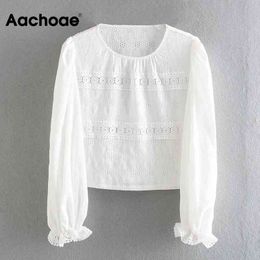 Elegant White Lace Embroidery Blouse Women O Neck Ruffles Shirt Long Sleeve Chic Tunic Tops Ladies Blouses Shirts 210413