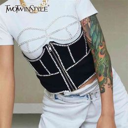 Diamond Black Slim Vest For Women Patchwork Zipper Casual Streetwear Vests Female Fashion Clothing Style 210524
