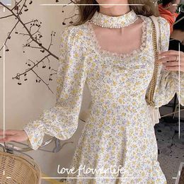 Korean Style Vintage Midi Dresses Women Casual Long Sleeve Floral Dresses Evening Party Office Lady Lace-Up Summer Chic 210521