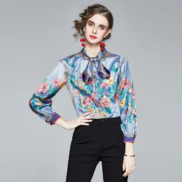 Design Women Satin Shirt Office Ladies Bow Tie Collar Long Sleeve Chains Flower Print Female Vintage Tops And Blouses 210416
