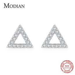 Real 925 Sterling Silver Simple Triangle Stud Earrings for Women Bright Clear CZ Statement Wedding Jewelry Female 210707