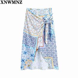 women Vintage patchwork print wrap skirt Female with tie high-waist asymmetric hem wrap-style skirts Ladies Chic Vestidos 210520