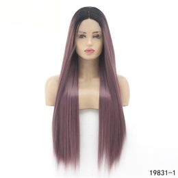 12~26 inches Long Synthetic Lace Front Wigs Silky Straight Ombre Color Simulation Human Hair Wig 19831-1