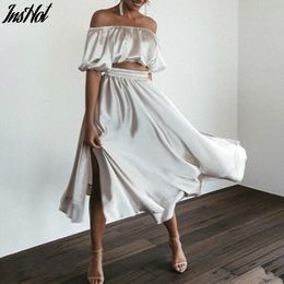 Woman Satin Split Sexy Dress Off Shoulder Midi Dress Ladies French Style Chic Ruched Lantern Sleeve Dresses 210514