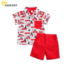 1-5Y Christmas Toddler Infant Kid Boy Clothes Set Gentleman Suit Cartoon Car Shirt Red Shorts Outfit Xmas Party Costumes 210515