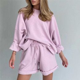 Womens Tracksuits Summmer Autumn Oversize O-neck Sweatshirt Sporting Shorts Sweat Set Casual Two Piece Sets Loose Outfit Suit Y0625