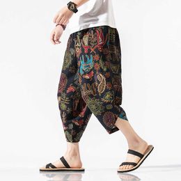 Streetwear Harem Pants Men Chinese Style Printing Casual Mens Joggers Summer Calf-length Wide-leg Men Trousers X0723