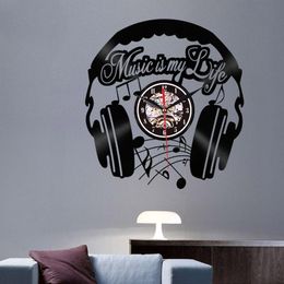 Wanduhren Musik Schallplatte Uhr Musical Headset LED-Licht Wohnzimmer Wohnkultur Geschenke für Liebhaber E2S