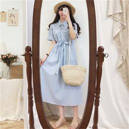 Pocket Plus size Summer Dress Girls Boho Party Female Vintage Short Sleeve Blue Stripe Women es Long Robe Vestido 210423