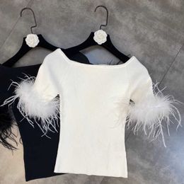 FAOP Design Feather Half Sleeve Slash Neck Stretch Knitted T Shirt Women Top Fashion GB930 210709