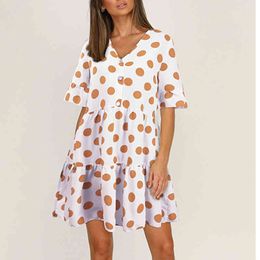 Polka Dot Casual Loose Summer Dress V Neck Button Up White Short Dress Vintage Beach Dress Women Clothing 210415