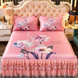 Bed Summer Ice Silk Bed Skirt High-end Bedding Pink Romantic Flowers Comfortable Textile With 2pcs Pillowcases Bedspread F0502 210420