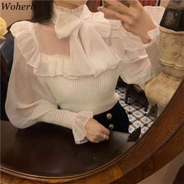 Temperament Elegant Shirt Patchwork Knitted Blouses Women Stand Neck Lace Up Bow Tops Sweet Ruffles Loose Blusas Mujer 210519