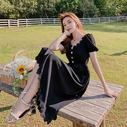 A-line Dress Black Bellflower French Retro Slim Temperament Female Summer Puff Sleeve Wave Women Plus Size 210601