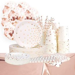 Disposable Dinnerware Rose Gold Birthday Party Supplies Paper Plates Set Dots Cups Napkins Straws Balloons Wedding Decorations