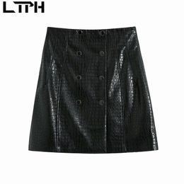 Double Breasted high quality PU Leather Mini Skirt Women High Waist Slim Package Hip All-match Skirts Autumn 210427