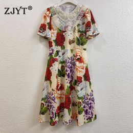 Fashion Runway Summer Designers Short Sleeve Beading Floral Print Dress High Quality Women Robe Casual Aline Holiday Vestidos 210601