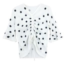 White Polka Dot V Neck 3/4 Three Quarter Sleeve Flare Women Chiffon Drawstring Shirt Blouse Black B0091 210514