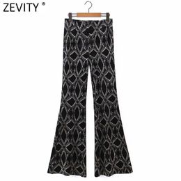 Women Vintage Geometric Print Shinning Velvet Flare Pants Female Chic Side Zipper Fly Casual Slim Long Trousers P989 210416