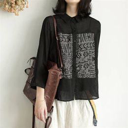 Spring Arts Style Women Long Sleeve Loose Shirt Black Turn-down Collar Vintage Print Cotton Linen Blouses Tops S628 210512