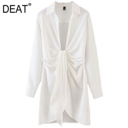 spring and summer open front turn-down collar full sleeves pleasted no buttons shirt dress female sexy WP06200L 210421