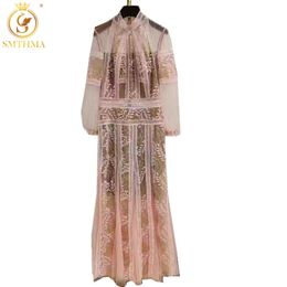 Arrival Summer Vintage Mesh Midi Dress Women's Fashion Designer Long Sleeve Lace Embroidered Stand Collar Party 210520