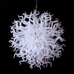 Luxury White Pendant Lamp Round LED Hand Blown Glass Ball Chandelier Light Fixture for Home Living Room Restaurant 32 Inches