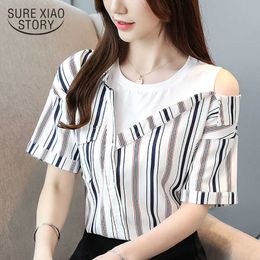 Women tops and blouse chiffon blouse ladies tops off shoulder top Spliced O-Neck Striped harajuku white blouse shirts 3457 50 210527