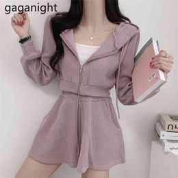 Women Tracksuit 2 Piece Set Zipper Candy Colour Long Sleeve Hoodies+Wide Leg Loose Shorts Sets Casual Solid Sports Suit 210601