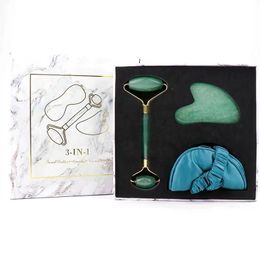 3 IN 1 Jade Massage Roller Gua Sha Tool and Silk Sleeping Mask Set Facial Care Natural Aventurine Stone Health Anti Wrinkle Cellulite Beauty Relaxing