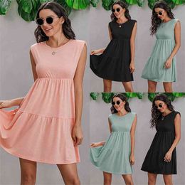 Women's Dress Stitching Sleeveless Round Neck Shoulder Pad Casual Loose Solid Color A-Line Mini es Femme 210517