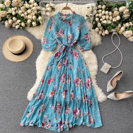 SINGREINY Women Bohemian Print Dress Korean Retro Puff Sleeve Belt A-line Dress Summer Casual Vacation Beach Long Dress 210419