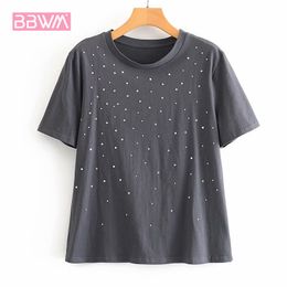Beaded Rivet Short Sleeve Round Neck Casual Fashion Women's T-shirt Korean Version of The Wild Chic Simplicity Female Tops 210507