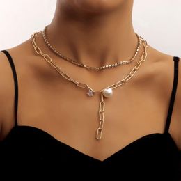 Pendant Necklaces Fashion Claw Chain Choker Necklace Multi Layer Metal Geometric Gold Hollow Pearl Female Vintage Jewelry