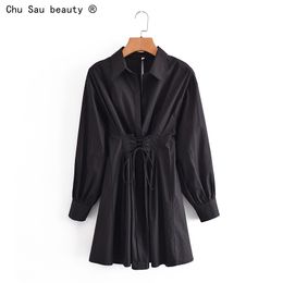 French Long-Sleeve Shirt Dress Spring Autumn Women's All-Match Lace-Up Hollow Out Solid Colour Skirt Fashion 210514