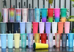 32 Colours Stocked! 24oz Studded Cold Cups with Lid Straw Double Walled Reusable Plastic Tumblers 710ml Brandy Diamond Water Bottles Durian Coffee Mug Custom Logo
